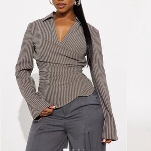 Fashion Nova Women's Black Pinstripe Draped Blouse